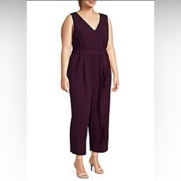 Calvin Klein Pants - Calvin Klein Plus Belted Crepe Jumpsuit - Aubergine